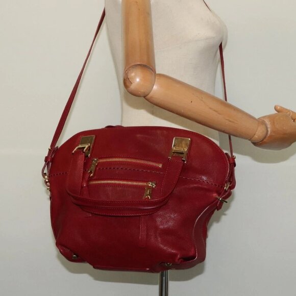 Chloe Angie Hand Bag Leather 2way Red Gold Auth BA2421 - Picture 3 of 16